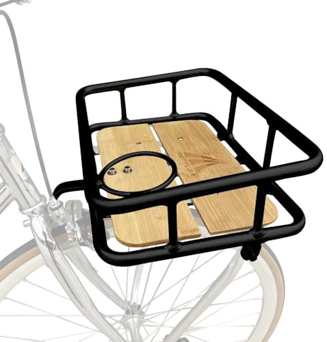 TentHome Gepäckträger Fahrrad Vorne mit Korb Getränkehalter Fahrradkorb Vorderrad Fahrrad-Frontkorb Bambus Frontgepäckträger Frontträger Vr-träger Holland Rennrad (Schwarz)