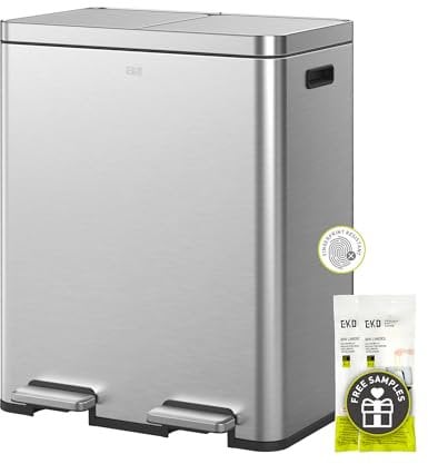 EKO Edison 60L Dual Rubbish Bin, 2×30L Large Capacity Kitchen Pedal Recycling Bin with Soft-Close Lids, Removable Buckets, Fingerprint-Resistant Stainless Steel Bin for Waste and Recycling