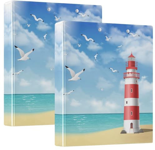 Quteprint Ringbuch mit 3 Ringen, Motiv: Möwe, Meer, Ozean, Leuchtturm, 3,8 cm, runder Ringordner mit 3 transparenten Innentaschen, Ordner-Organizer mit Klemmbrett für Büro, Zuhause, Schule, hält 200