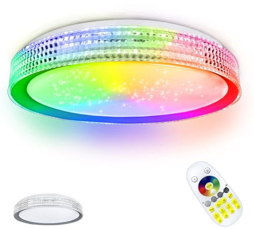 YRHome 60W Sternenhimmel Deckenleuchte LED Deckenlampe Acryl Ø50CM Dimmbar RGB mit Fernbedienung 2800-6500K Kreative Sternenlicht Deckenbeleuchtung Rund für Schlafzimmer Wohnzimmer (Grau Innenring)