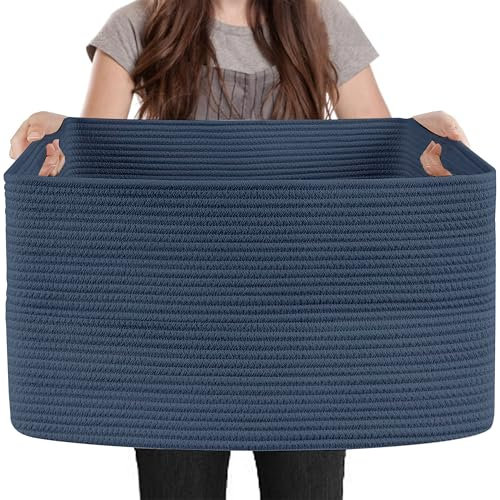 MEGASKET Extra Large Rectangle Storage Basket, 23.6 x 17 x 12 Dark Blue Blanket Storage for Living Room, Large Woven Cotton Rope Storage Box, Soft Kids Toy Basket Organizer Bin, Big Wicker Basket
