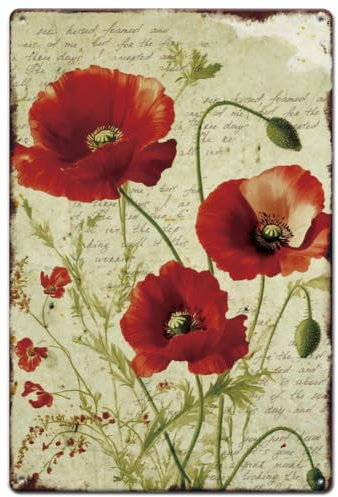 SUPERDANT Red Poppy Tin Sign Floral Metal Tin Sign Botanical Theme Metal Signs Metal Wall Art Flower Signs Bar Sign Home Man Cave for Bedroom Living Room Garden Wall Decoration