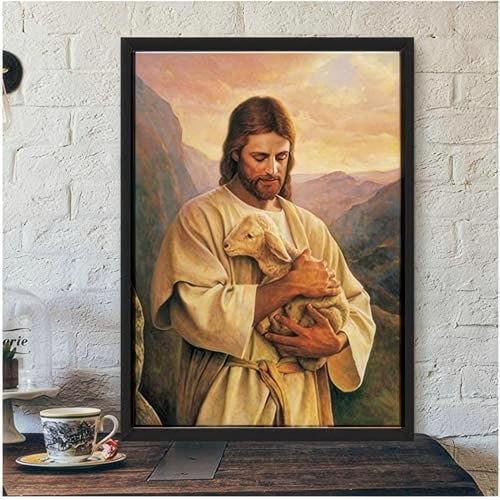 LXTOPN Jesus Bild Religion Wandkunst Leinwand Malerei, Jesus Und Ziegen Home Decor Wandbildert, Nordic Poster Und Drucke Christentum Wandbilder Für Wohnzimmer Kein Rahmen. (40x60cm)