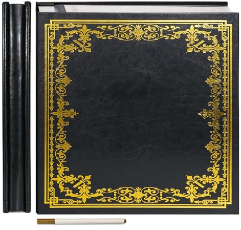 Vienrose Großes Selbstklebendes Fotoalbum Kunstleder Fotoalbum zum Selbstgestalten 32,5x33,5 cm Vintage Bedrucktes Erinnerungsalbum DIY 60 Seiten mit Metallic Stift, Schwarz