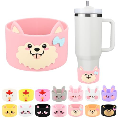 Cute Animal Silicone Boot for Stanley 40 oz, Bottle Bottom Protector Cover for Tumbler, Stanley Cup Boot 20 30 oz, Cup Accessories for Quencher IceFlow (Dog-Pink)