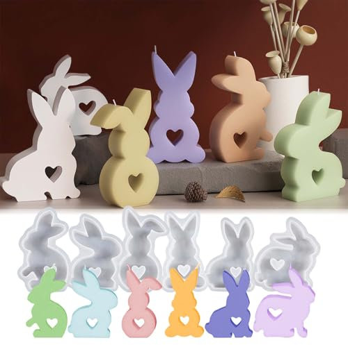 6 Stück Silikonformen Gießformen Hasen WISIRENT, Kerzenhalter Osterhase Silikonform Osterhase mit Herz, Silikonform Zum Gießen Ostern Hase, Gießformen Gips Ostern für Bastelarbeiten, Gips