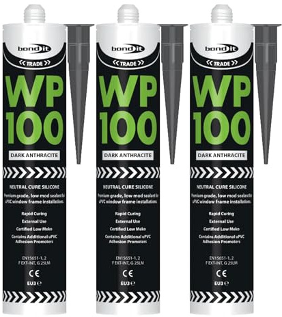 Bond It WP100 EU3 Premium Neutral Cure Oxime Silicone Sealant – 3x Dark Anthracite, 285ml | High-Performance Silicone – Mould-Resistant – Flexible | Sealant for Building & Construction Joints