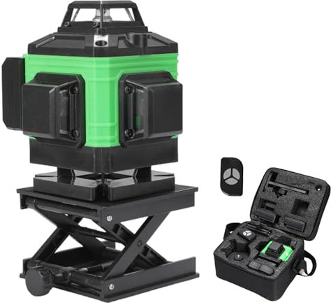 360° x 3 Laser-Nivellierer, IP54, 505 – 520 nm, selbstnivellierend, 3D, vertikal und horizontal, Querformat, Baustellen-Laser, Grün, 16 Linien, Laserniveau, mit Basis