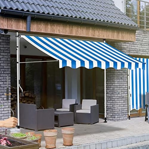 MDDKOP Manual Retractable Outdoor Patio Awning, Window Sun Shade Shelter with Crank Handle & Canopy Portable free Standing Patio Awnings for Shade and rain for Deck, Backyard, Garden, Balcony(Blue+Whi