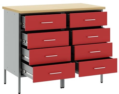 vidaXL Werkstattschrank mit 4 Kugellager-Schubladen | Werkzeuglagerung Stahl in Rot und Grau | Höhenverstellbare Füße | Ideal für Werkstätten und Garagen | Metall-Schublade Werkstatt Garage Organizer