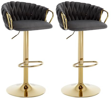 Chummaven Barhocker Höhenverstellbare 2er Set Samt Drehbar, Thekenstühle mit Geflochtener Rückenlehne Goldfuß, Gepolsterte Barstühle für Kücheninsel, Bar, Esszimmer, Café, Restaurant, Grau