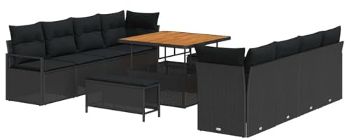 vidaXL Garten-Sofa-Set mit Kissen 11 pcs Schwarz Poly Rattan, Garten- und Terrassen Lounge Set, rechteckig, modern, modulare Sofas, verstellbare Füße, langlebige Möbel