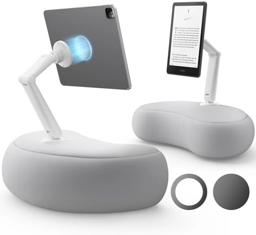SAIJI Magnetisch iPad Ständer Kindle Kissen Halter, 2 Magnetfolie(Grau) | 360°Tablet Halterung für Bett mit Ergonomischem Kissen und Dual-Gelenk-Arm,Kompatibel mit Kindle, Tablet, iPad, iPhone