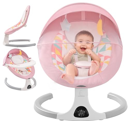 Baby Bouncer from Birth, Electric Baby Swing Chair with Bluetooth, 5 Swing Speed, 3 Angle Position, Remote Control & Touch Panel Baby Rocker with Detachable Tray and Canopy with Mosquito Net Pink