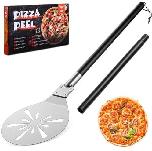 9 Inch Pizza Peel Turning, Joyfair Perforated Pizza Turner with Long Detachable Handle, Stainless Steel Spatula Paddle for Rotating Sliding, Metal Tools Oven Accessories, Oven-safe & Easy Cleanup