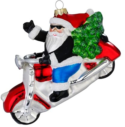 Christbaumschmuck Glas 11cm - Weihnachtsmann auf Motorrad Figur - handbemalt - Weihnachtsbaum Anhänger für Weihnachten - Christbaumanhänger & Weihnachtsbaumschmuck - Santa Claus mit Motorbike Rot Weiß