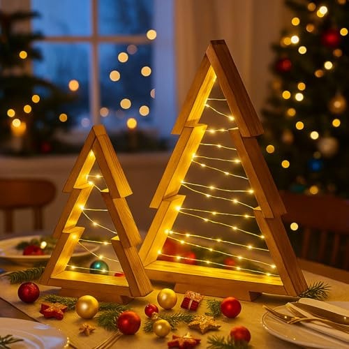 Weihnachtsdeko Holz Weihnachtsbaum mit LED Lichterkette, 2 Stück Weihnachtsdeko Tischdeko Beleuchtet Holzdeko Weihnachtsbaum, LED Tannenbaum Innen für Bauernhaus Home Küche Party Decor