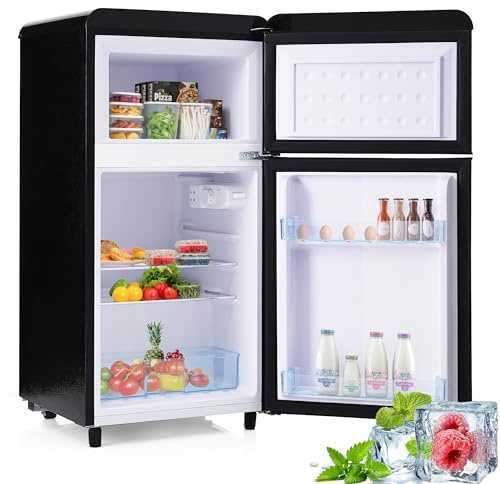 Merax Réfrigérateur rétro à double porte, 72 litres, avec compartiment congélateur de 21 litres, 120 kWh/an, éclairage LED - Noir