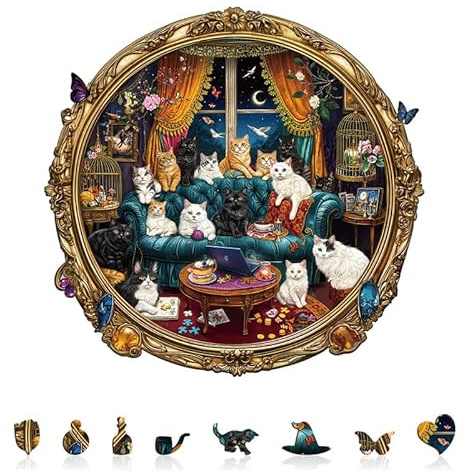 Jigfoxy Wooden Puzzles for Adults, 260-Piece Cat Party Night Jigsaw Puzzle