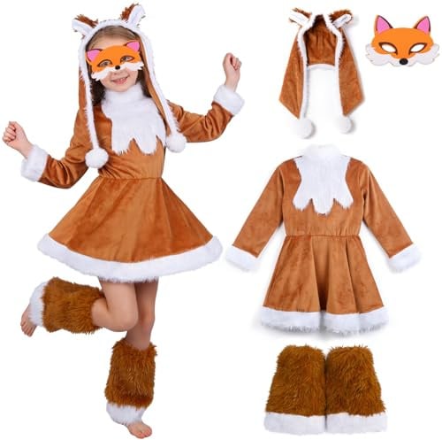 Moiuguli Costume da volpe per bambini, costume da volpe, cappello per scarpe, maschera per il viso, costume da volpe per costumi di carnevale per bambini e ragazze, costumi di carnevale