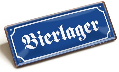 Bierlager Blechschild 28x12cm - Vintage Metallschild Altdeutsche Schrift Blau - Retro Wanddeko für Kneipe Bar Partykeller - Nostalgie Brauerei Schild im Used-Look - Rustikale Kellerbar Dekoration