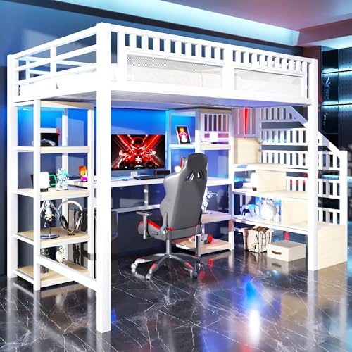 BTM Jugendbett 140 x 200 cm Metall Hochbett mit Schreibtisch, LED-Lichtleiste Kinderbett mit Treppe Einzelbett mit Stauraum, Schwarz, ohne Matratze