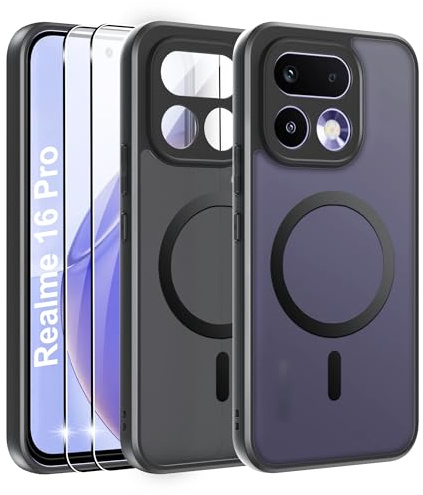 Effcotuo Funda Magnética para Realme 16 Pro 5G Case con MagSafe con 2 Piezas Protector de Pantalla Cristal Templado, Acrílico Carcasa Respaldo Translúcida Mate Antigolpes Cover