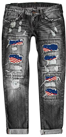 Jeans för kvinnor med medelhög midja - sommar fritidsbyxor slitna mönster upprullad fåll lappade byxor tryckta lösa vardagsbyxor smala vardagliga vardagliga cigaretter bekväma, Grå, XXL