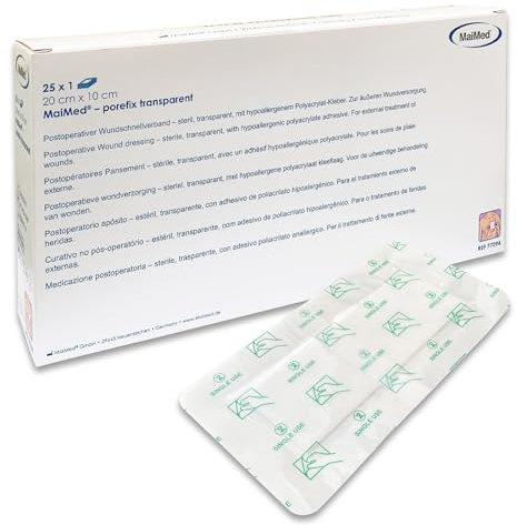 MaiMed porefix Pflaster wasserfest 20 x 10 cm - 25 Stück Wundpflaster steril transparent - wasserdichtes Pflaster nach OP Duschpflaster - selbstklebender Verband