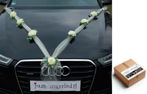 ORGANZA M Auto Schmuck Braut Paar Rose Deko Dekoration Organza M Hochzeit Car Auto Wedding Deko Girlande PKW (Ecru2 / Ecru)