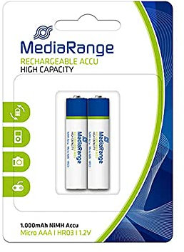 MediaRange MRBAT122 Micro Batterie HR03 2 pièces 1, 2 Volt NiMH Rechargeable AAA Bleu et Blanc