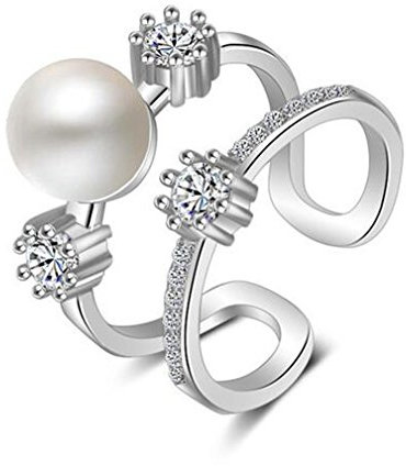 BROWOL Damen-Ring Ehering/Trauring Ring 925 Sterling Silber Perlen Hohl Zirkonia Kristall-Ring Fingerring Einfache Doppelring Verstellbar Ring Verlobungsring Partnerringe Ringe als Geschenk