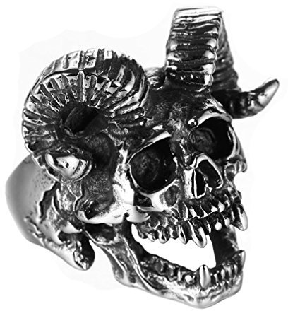 PAMTIER Herren Edelstahl Jahrgang Satan Ziege Horn Schädel Ring Silber Schwarz Größe 70 (22.3)