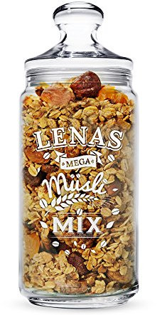 Casa Vivente Müsliglas mit Gravur – Personalisiert mit [NAMEN] – Mega Müsli Mix – Aufbewahrungslas – Behälter für Müsli – Geschenkidee zum Geburtstag