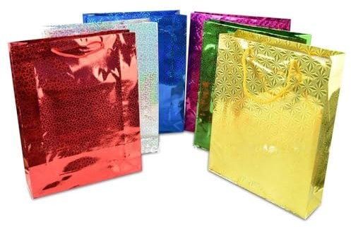 Assorted Colours Holographic Gift Bags Medium Size Christmas Birthday Wedding Favour Present Bags All Occasions, 6Pcs