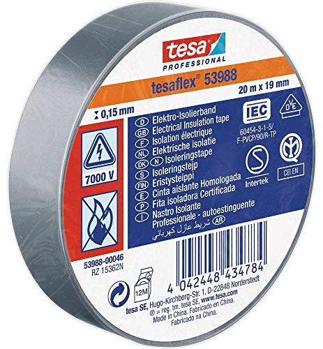 TESA 53988 Cinta Aislante Homologada 20m x 19mm Gris