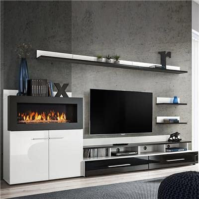NUEVO Mueble TV con almacenamiento y chimenea Negro lacado MARTANO