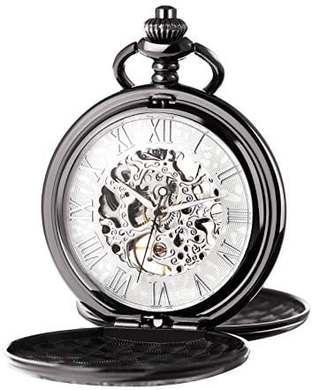 TREEWETO Reloj de bolsillo unisex con cadena, cuerda manual mecánica, doble bisagra, esqueleto antiguo, números romanos