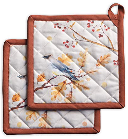 Maison d' Hermine Hot Pads Topfhalter aus 100% Baumwolle mit Schleife, hitzebeständiges Set mit 2 Topflappen zum Grillen, Mikrowelle, Oak Leaves – Erntedankfest/Weihnachten (20cm x 20cm)