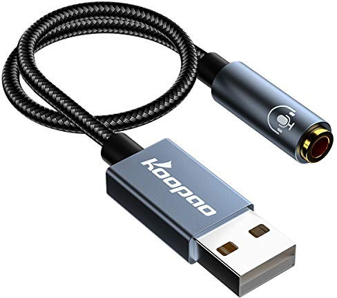 KOOPAO Adaptateur audio USB A vers jack 3,5 mm, carte son externe, microphone adaptateur casque USB vers prise audio TRRS convertisseur pour PC, PS5, commutateur, ordinateur portable, PC, Mac, Android