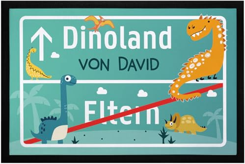 SpecialMe® Fußmatte Kinderzimmer personalisiert Dino-Land von Wunschname Türvorleger Kind rutschfest & waschbar Weiss 60x40cm