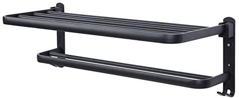 Porta Asciugamani Bagno, Portasciugamani da Parete con Mensole Doppia in Alluminio da 60cm, Asciugamano da Doccia a Parete Ripiano da Bagno Pieghevole, Mensola Portasciugamani con Ganci