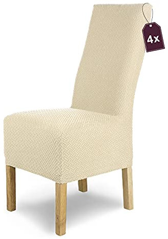 SCHEFFLER-Home Stuhlhussen Stretch Luna-Lang/Stuhlüberzug 4er Set Creme/elastische Flanell Stuhlabdeckungen/Stuhlhussen Schwingstühle/Spann-Bezug Stuhl Überwurf als eleganter Schonbezug