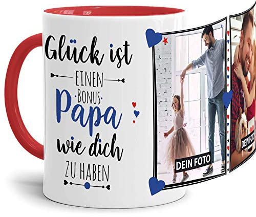 Tassendruck Fototasse mit Spruch für den Bonus Papa - Glück ist, jemanden wie Dich zu haben - zum Selbst gestalten mit 2 Fotos, Innen & Henkel Rot, 300 ml