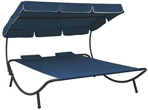 Festnight Doppelliege mit Sonnendach Sonnenliege mit Dach Gartenliege 2 Personen mit Kissen Sonnenbett Loungebett Relaxliege Gartenmöbel Liege Blau