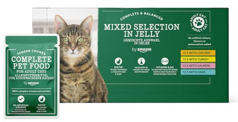 by Amazon Getreidefreies Alleinfutter für ausgewachsene Katzen, gemischte Auswahl in Gelee, 4,8 kg (48 Packungen à 100 g)