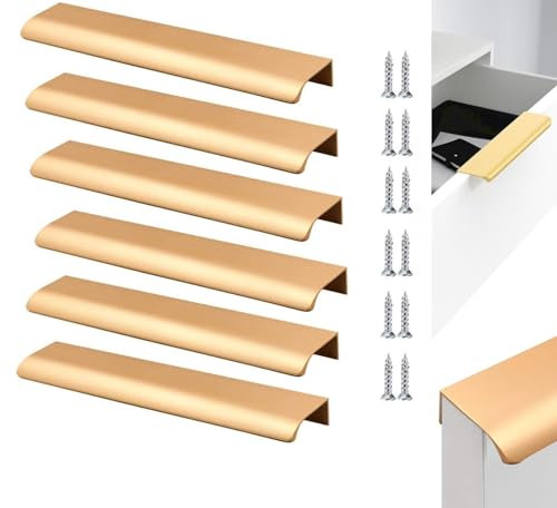 6 Piezas Tiradores ocultos para armario,128 mm manijas de gabinete de aluminio tiradores para cajones de cocina Tirador de borde de dedo estilo moderno para el hogar cocina puerta cajón, Oro