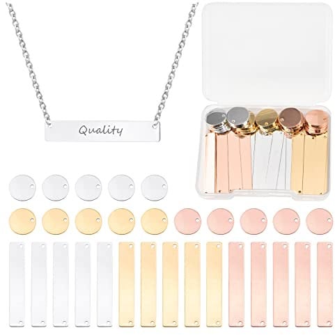 WANDIC 30 Pcs Metal Tag Pendants, Stamping Blank Tag Pendant Blank Bar Charm Rectangle Round Name Plate Horizontal Brass Tag for Jewelry Making DIY Crafts