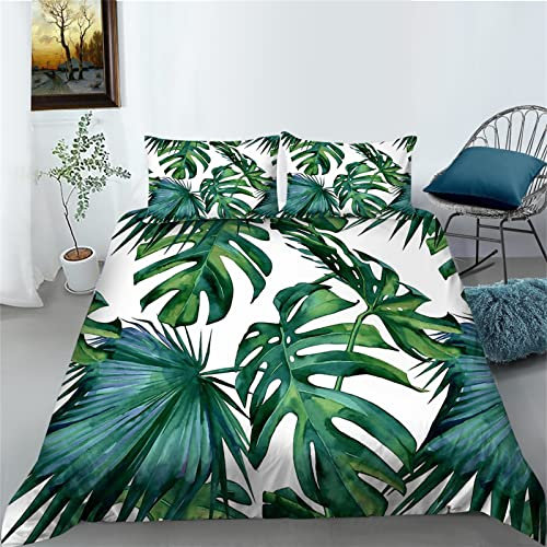 Timiany Grün Weiß Tropische Blätter Bettwäsche Set 155x220 cm Palm Monstera Pflanzen Bettbezug und Kissenbezug 50x75 cm mit Reißverschluss