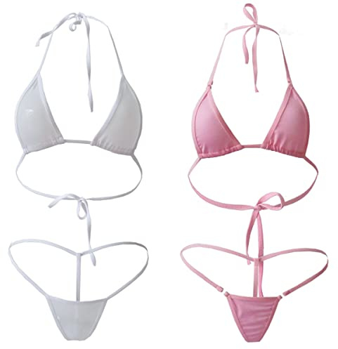 Femme Maillot de Bain Sexy Bikini Ensemble pour Femmes 4 Pieces Rose + Blanc (2 Set)